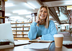 Books, portrait or happy woman in a library reading for knowledge or development for future growth. Scholarship, student or school girl smiles with pride studying or learning college information 