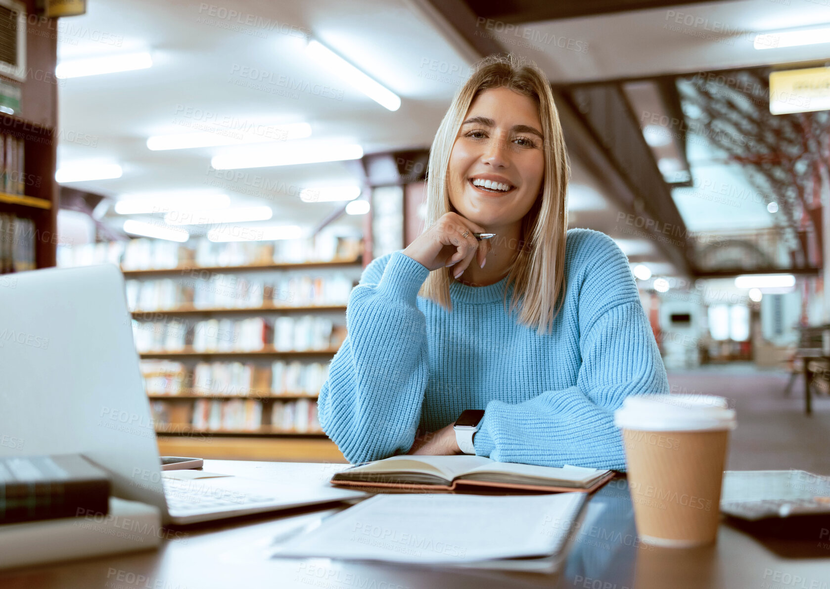 Buy stock photo Books, portrait or happy woman in a library reading for knowledge or development for future growth. Scholarship, student or school girl smiles with pride studying or learning college information 