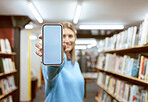 Mockup screen, education or woman with phone in library for research, advertising or project management. Smile, happy or university student with tech for learning, scholarship study or web search
