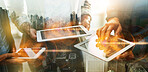 Tablet, hands and overlay of business people with phone for networking, data and analysis. City double exposure, teamwork and group of workers with mobile and tech for discussing marketing strategy.