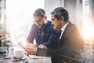 Buy stock photo Teamwork, office and overlay of business people with tablet for research, planning and brainstorming ideas. Technology, city double exposure and collaboration of employees with digital touchscreen.