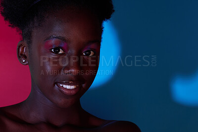 Buy stock photo Beauty, makeup and portrait of black woman in studio with smile for designer cosmetics, luxury products and style. Neon aesthetic, creative art and face of girl with fashion, skin glow and wellness