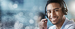 Portrait, mockup or happy consultant in call center helping, talking on microphone or networking online. Crm, man or agent in communication at customer services smiles with pride at sales job success