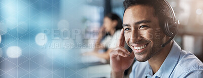 Buy stock photo Contact us, mockup or man in a call center with a happy smile helping, talking or networking online. Face, crm or insurance agent in communication or conversation at customer services or sales office