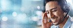 Crm, mockup or telemarketing consultant in a call center helping, talking or networking online. Bokeh, happy man or insurance agent in communication or listening at customer services or at desk job