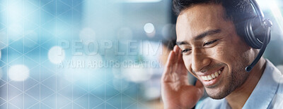 Crm, mockup or telemarketing consultant in a call center helping, talking or networking online. Bokeh, happy man or insurance agent in communication or listening at customer services or at desk job