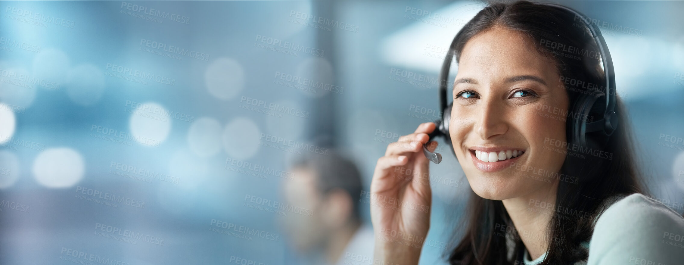 Buy stock photo Portrait, mockup or woman in a call center for communication, talking or networking online. Bokeh, crm or happy insurance agent helping client in a conversation at customer services or sales support