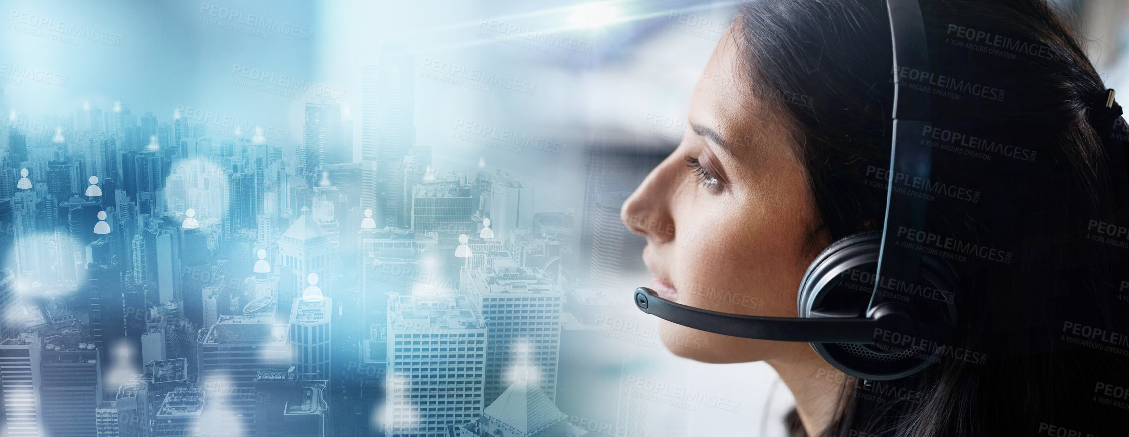 Buy stock photo Crm, overlay or telemarketing consultant in a call center helping, talking or networking online. Digital graphic hologram, woman or insurance agent in communication at customer services or sales job