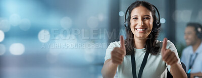 Buy stock photo Success, mockup or consultant with thumbs up in call center helping, talking or networking online. Portrait, happy woman or insurance agent in communication at customer services with like or ok sign