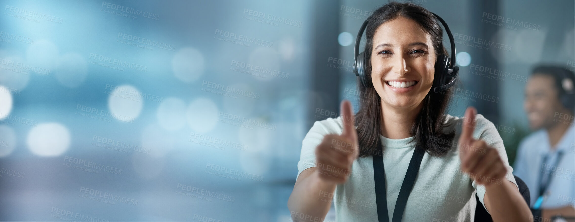 Buy stock photo Success, mockup or consultant with thumbs up in call center helping, talking or networking online. Portrait, happy woman or insurance agent in communication at customer services with like or ok sign