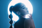 Thinking, cinematic and face of a girl with a spotlight isolated on a dark background in a studio. Idea, creative and woman with a futuristic glow from light, art and cosmetics on a backdrop