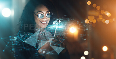 Buy stock photo Overlay, global tech and black woman at night for information technology, research or digital job. Iot, smile and future 3d world hologram in dark, person networking with cloud computing dashboard