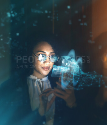 Buy stock photo Black woman, tech overlay and global business on phone at night for research and cybersecurity. Iot future 3d hologram in workplace for person networking and cloud computing big data mockup space