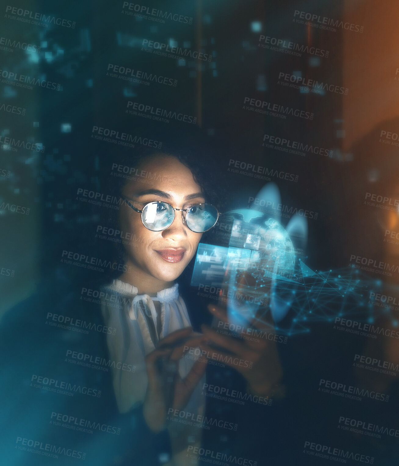 Buy stock photo Black woman, tech overlay and global business on phone at night for research and cybersecurity. Iot future 3d hologram in workplace for person networking and cloud computing big data mockup space