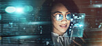 Black woman, overlay and future tech in office for finance research, data analytics or digital job in night. Cybersecurity expert smile, fintech or focus in dark workplace for 3d hologram abstract