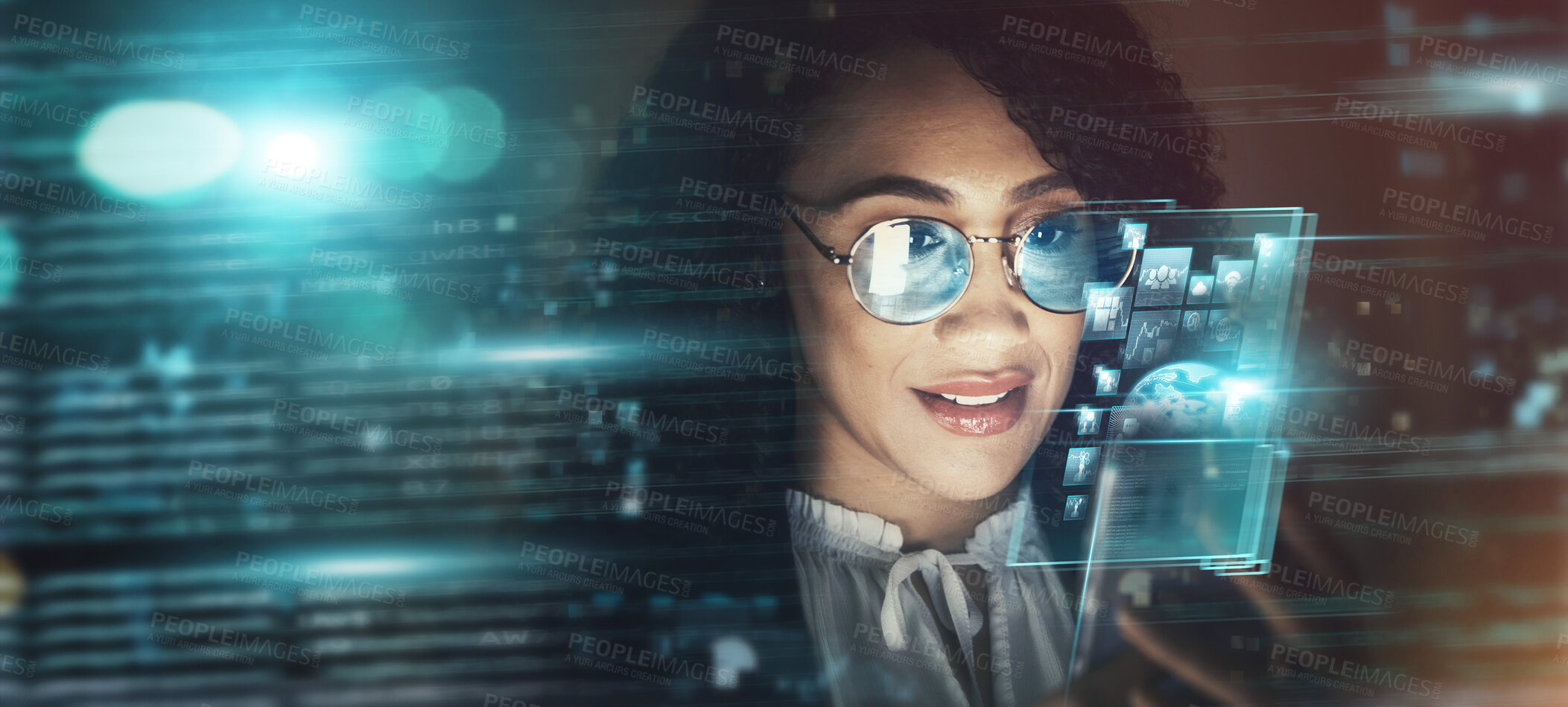 Buy stock photo Black woman, overlay and future tech in office for finance research, data analytics or digital job in night. Cybersecurity expert smile, fintech or focus in dark workplace for 3d hologram abstract