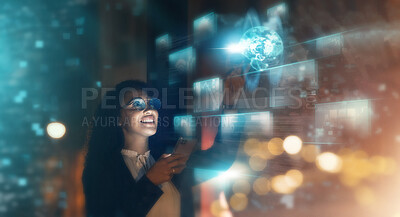 Buy stock photo Woman, tech overlay and phone in office for finance research, data analytics or digital job in night. Cybersecurity expert, fintech or happy in dark workplace with 3d hologram abstract in programming