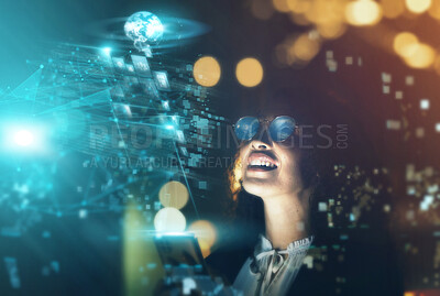 Buy stock photo Woman, tech overlay and cellphone in office for finance research, data analytics or coding in night. Cybersecurity expert, focus and happy in dark workplace with 3d hologram abstract for programming