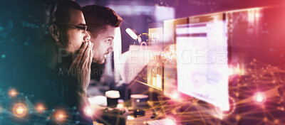 Buy stock photo Hologram, digital overlay and business people on computer working on software, database and crypto. Information technology, cybersecurity and men with 3d abstract for programming network at night