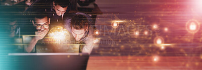 Buy stock photo Businessman, teamwork and overlay in night at computer for solution and innovation office. Information technology, collaboration or it group focus with 3D hologram mockup space for brainstorming