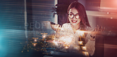Buy stock photo Digital, hologram and cyber security with a business woman in a dark office working late at night on programming. Overlay, cloud computing and programming with a female developer at work on software