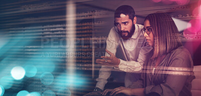 Buy stock photo Businessman, woman and overlay in night for planning solution, innovation and mockup space. Information technology, collaboration or coaching with 3D hologram abstract for coding strategy advice