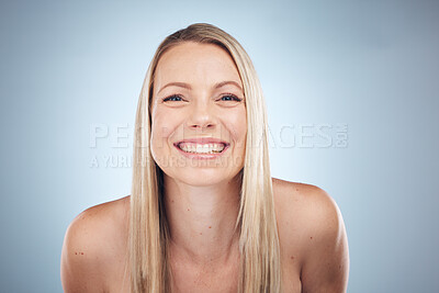 Buy stock photo Portrait, dental and beauty with a model woman in studio on a gray background showing her big smile. Aesthetic, skin and oral hygiene with an attractive female posing to promote teeth whitening