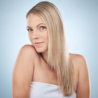 Buy stock photo Skincare, beauty and portrait of a woman with hair care isolated on a blue background in a studio. Spa, wellness and  cosmetology model with facial makeup, cosmetics and dermatology on a backdrop