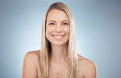 Buy stock photo Portrait, beauty and skincare with a model woman in studio on a gray background for natural treatment. Face, skin and cosmetics with an attractive young female posing to promote antiaging or wellness