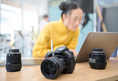Buy stock photo Photography camera, laptop and woman editing photoshoot, focus on digital art or retouching artistic photo. Graphic tablet, creative vision and professional photographer working on creativity process