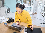 Graphic tablet, laptop and photography woman editing photoshoot, focus on digital art or retouching artistic photo. Design pen, creative and top view of Asian photographer working on camera process