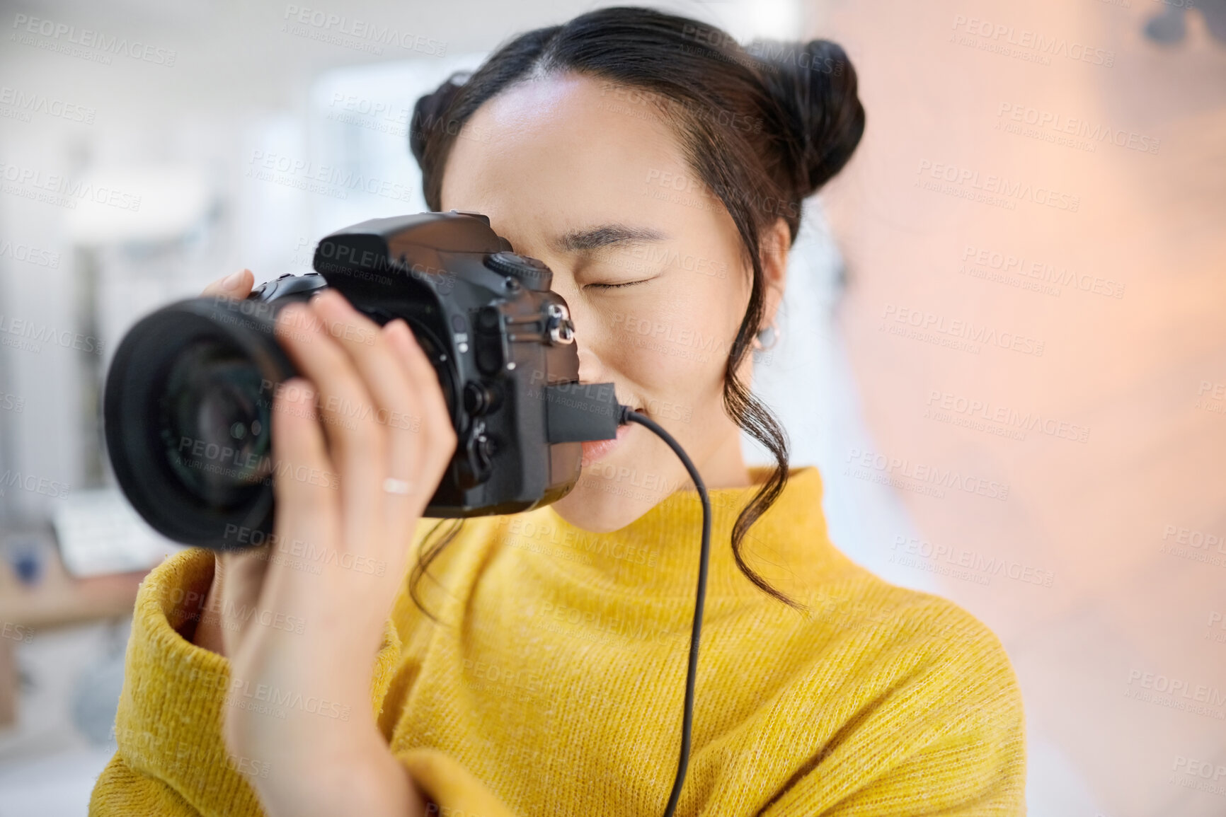 Buy stock photo photography, camera and woman in studio shooting creative memory picture, photoshoot or digital production. Lens focus, art creativity and young Japanese photographer girl working for artistic shot