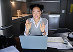 Video call, interview and corporate woman meeting online for remote work and wave at a laptop with internet. Business, communication and corporate employee or worker talking on app for work