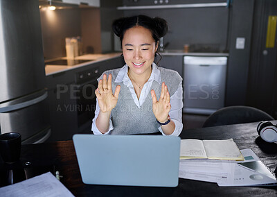Buy stock photo Video call, interview and corporate woman meeting online for remote work and wave at a laptop with internet. Business, communication and corporate employee or worker talking on app for work