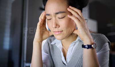 Buy stock photo Stress, headache and woman with burnout, anxiety and problems with mental health at night. Tired, pain and asian girl suffering from insomnia, stressed and pressure, unhappy and frustrated