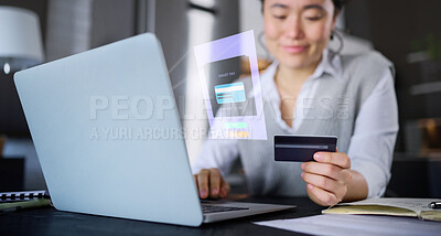 Buy stock photo Laptop, hologram and woman with credit card for online shopping, banking or smart payment. 3d fintech, ecommerce and futuristic computer ui with Asian female buying or paying bills in home at night.
