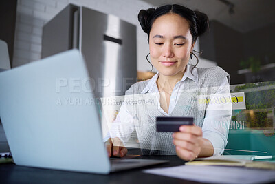 Buy stock photo Laptop, hologram and woman with credit card for travel, holiday booking or online shopping. 3d tech, futuristic computer ui and Asian female paying for global vacation destination in kitchen at night