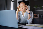 Headache, stress and woman on laptop, glitch and burnout while working at night in a kitchen. Tired, entrepreneur and business fail by asian female worker frustrated with online,  project and mistake
