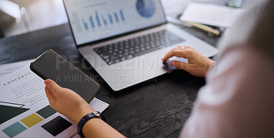 Buy stock photo Phone, laptop data and hands of woman in office working on marketing or advertising project. Mobile smartphone, computer and female freelancer or remote worker research statistics, charts or graphs.
