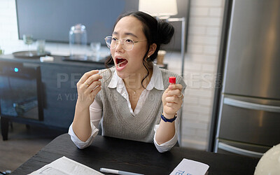 Buy stock photo Covid test, mouth and pcr exam with Asian woman medical and healthcare testing with cotton swab. Disease, virus and health check of a young person in a home kitchen looking for corona results 