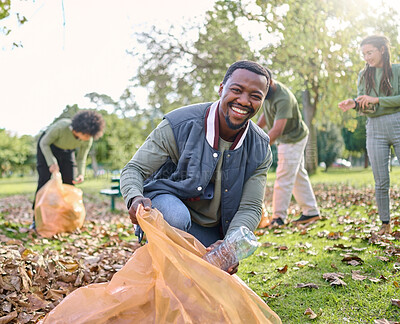 Buy stock photo Trash, volunteer portrait and man cleaning garbage pollution, waste product or African environment support. Plastic bottle container, NGO charity and nature park clean up by eco friendly community
