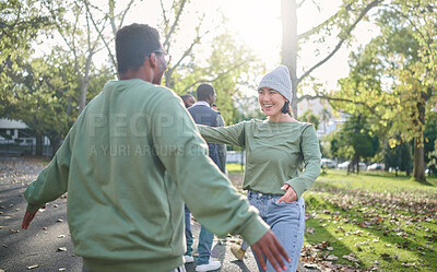 Buy stock photo Friends, hug and happy volunteer people outdoor at a nature park in spring. Man and woman team together for community service in green ngo tshirt to help recycling and cleaning for clean enviroment