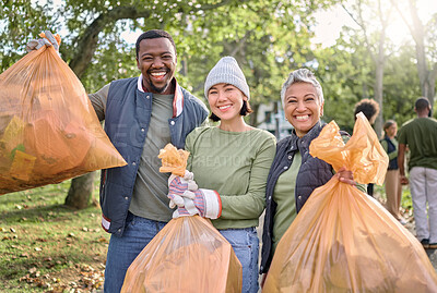 Buy stock photo Volunteer group portrait, community service and cleaning park with garbage bag for clean environment. Happy man and women helping with trash for eco friendly lifestyle and recycling outdoor in nature