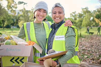 Buy stock photo People, charity and portrait smile for food donation, volunteer or teamwork for eco friendly environment. Women volunteering workers smiling together in happiness for community healthcare or wellness