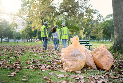 Buy stock photo Trash cleaning, plastic bag or community volunteer done with garbage, pollution or waste product clean up.  Container, NGO charity or eco friendly people help with nature park for environment support