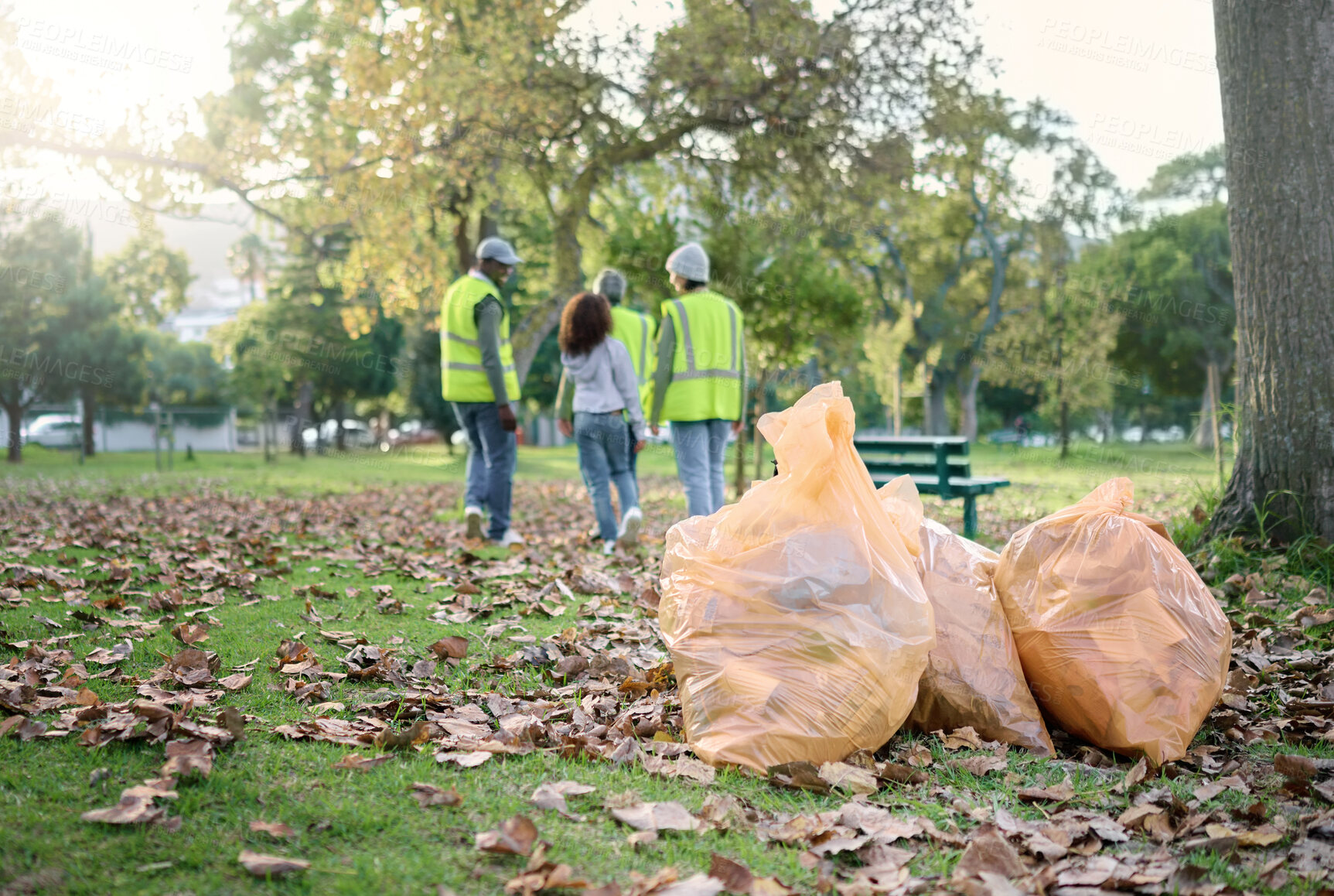 Buy stock photo Trash cleaning, plastic bag or community volunteer done with garbage, pollution or waste product clean up.  Container, NGO charity or eco friendly people help with nature park for environment support