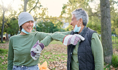 Buy stock photo Covid, community volunteer and cleaning trash pollution, garbage waste product or team environment support. Corona virus greeting, NGO charity and eco friendly people help with nature park clean up