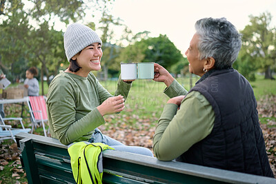 Buy stock photo Coffee, women and toast to volunteer success, community service and cleanup park project, happy and smile. Tea, cheers and friends relax in environment, recycling and charity and forest cleaning