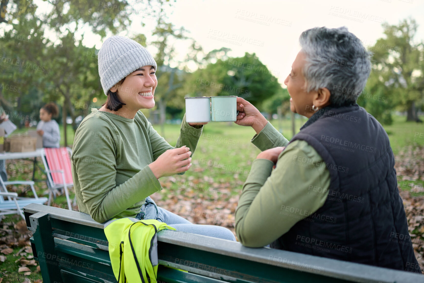 Buy stock photo Coffee, women and toast to volunteer success, community service and cleanup park project, happy and smile. Tea, cheers and friends relax in environment, recycling and charity and forest cleaning