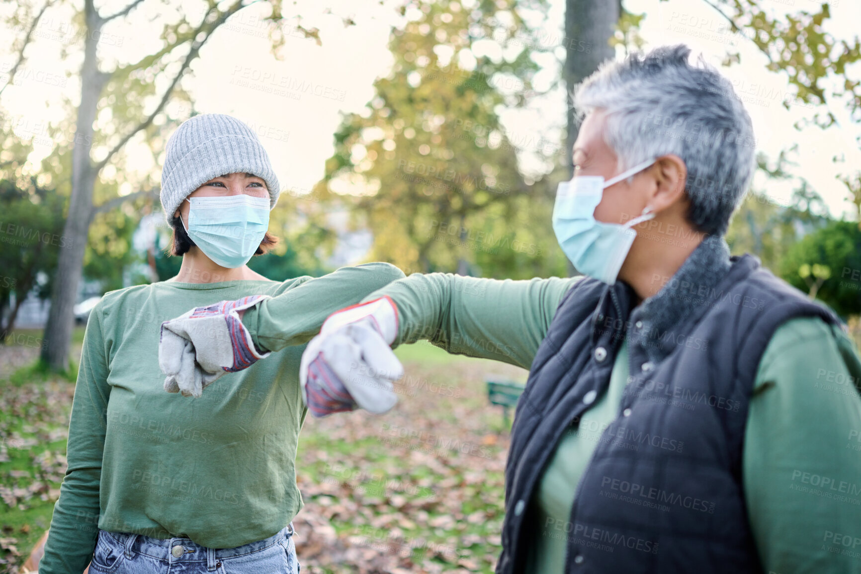 Buy stock photo Covid, community volunteer women and cleaning trash pollution, garbage waste product or environment support. Corona virus greeting, NGO charity and eco friendly team help with nature park clean up